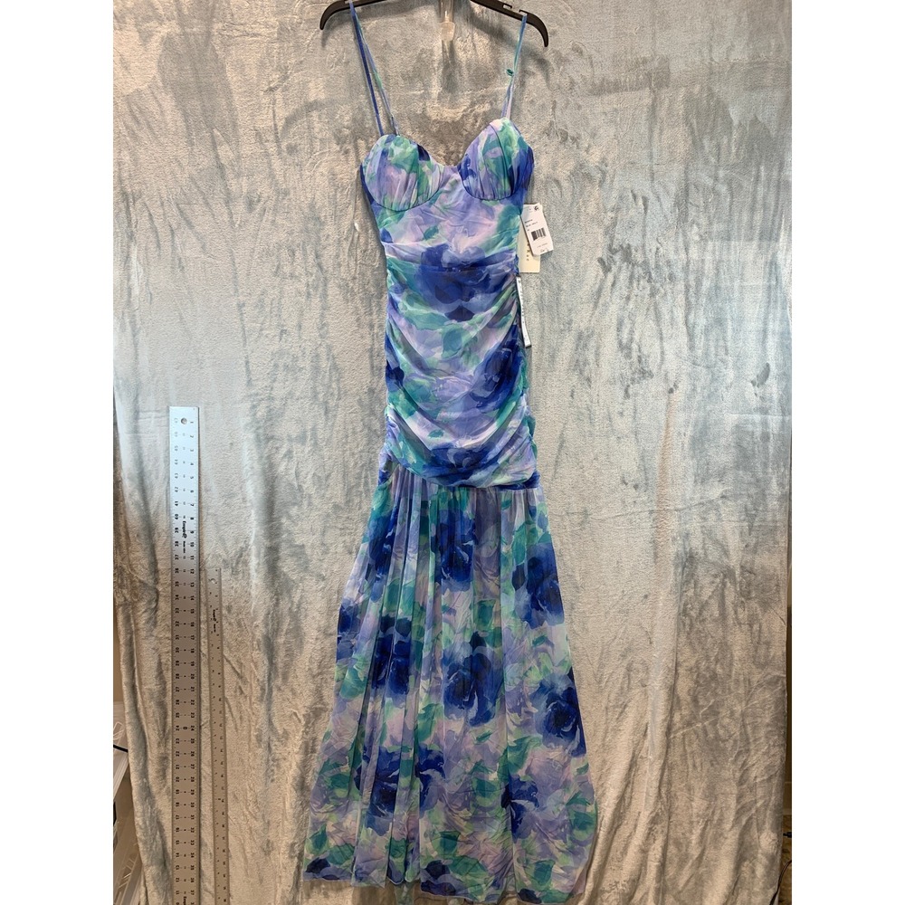 Katia Rae Floral Mesh Maxi Dress Blue Purple Ruched Sweetheart BCH5704 XS NEW